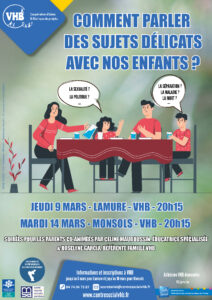 Lire la suite à propos de l’article Soirée parents – Comment parler des sujets délicats avec nos enfants ? jeudi 9 mars 2023 à Lamure et mardi 14 mars 2023 à Monsols