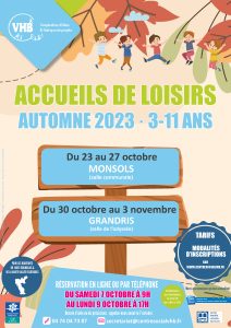 Lire la suite à propos de l’article Accueils de loisirs – Automne 2023 – Réservation des places du samedi 7 octobre à 9h au lundi 9 octobre à 17h