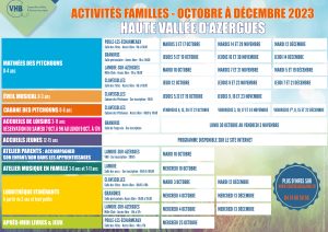 Lire la suite à propos de l’article Calendrier Activités Familles – Haute Vallée d’Azergues – Octobre à décembre 2023 