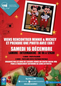 Lire la suite à propos de l’article Action d’autofinancement de l’accueil jeunes : venez rencontrer minnie et mickey et prendre une photo avec eux : samedi 16 décembre à Lamure (intermarché) de 9h à 12h30