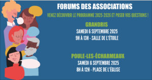 Lire la suite à propos de l’article Retrouvez-nous en septembre aux forums des associations de Grandris et Poule-les-Écharmeaux