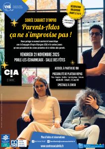Lire la suite à propos de l’article Soirée cabaret d’impro : parents-ados ça ne s’improvise pas ! vendredi 21 novembre 2025 à Poule-les-Écharmeaux