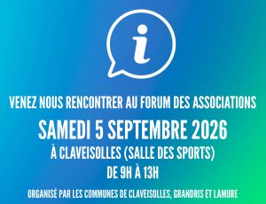 Lire la suite à propos de l’article Venez nous rencontrer au forum des associations : samedi 5 septembre 2026 à Claveisolles de 9h à 13h